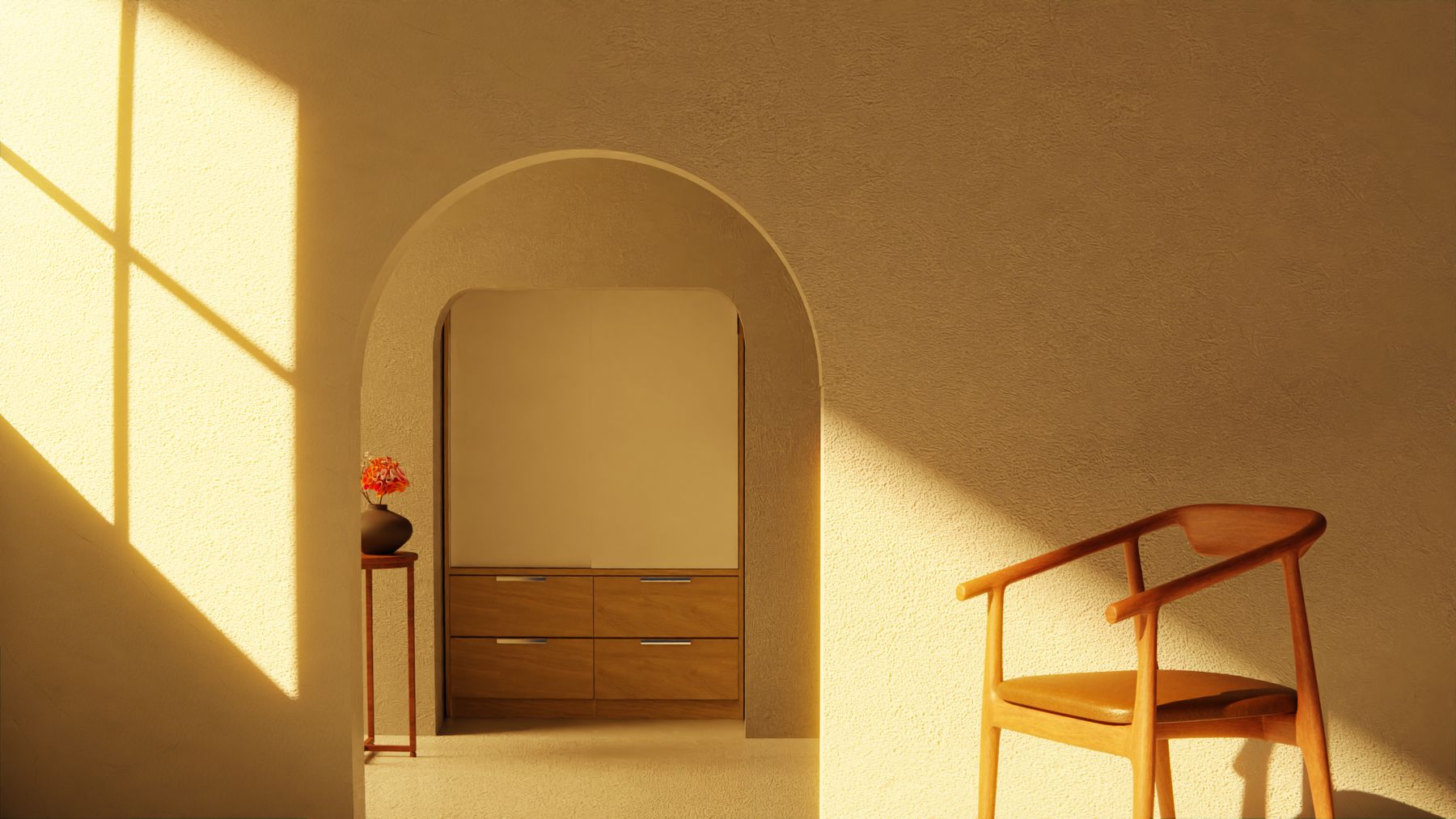The finished entry: warm lime-plaster walls, an arched opening, a fluted oak screen and one low bench.