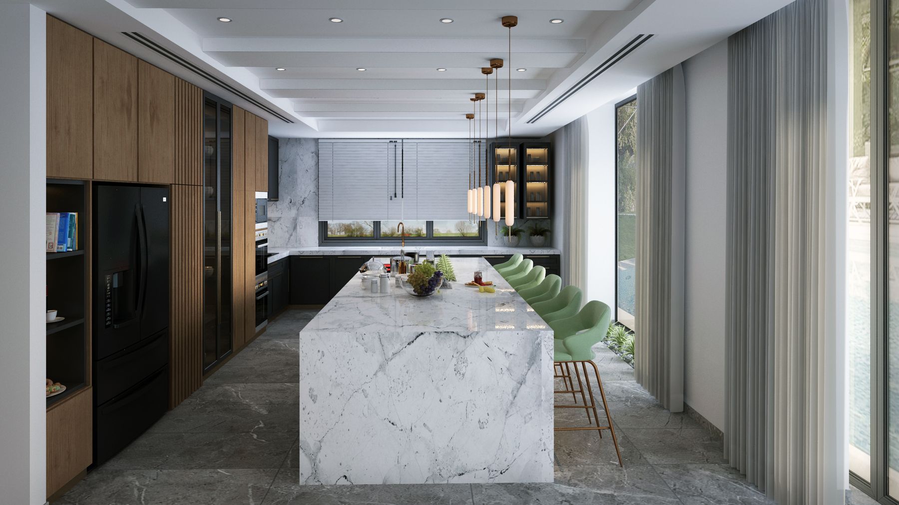 The finished kitchen: a book-matched marble island, handleless fronts and integrated appliances.